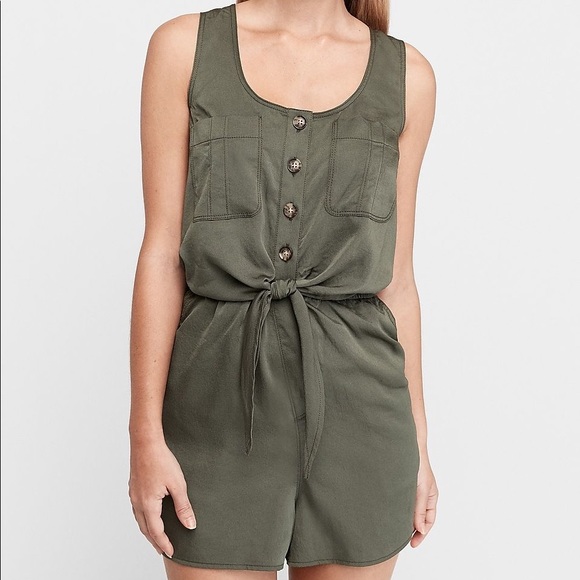 Express Pants - Women's Satin Patch Pocket Button Front Tie Romper